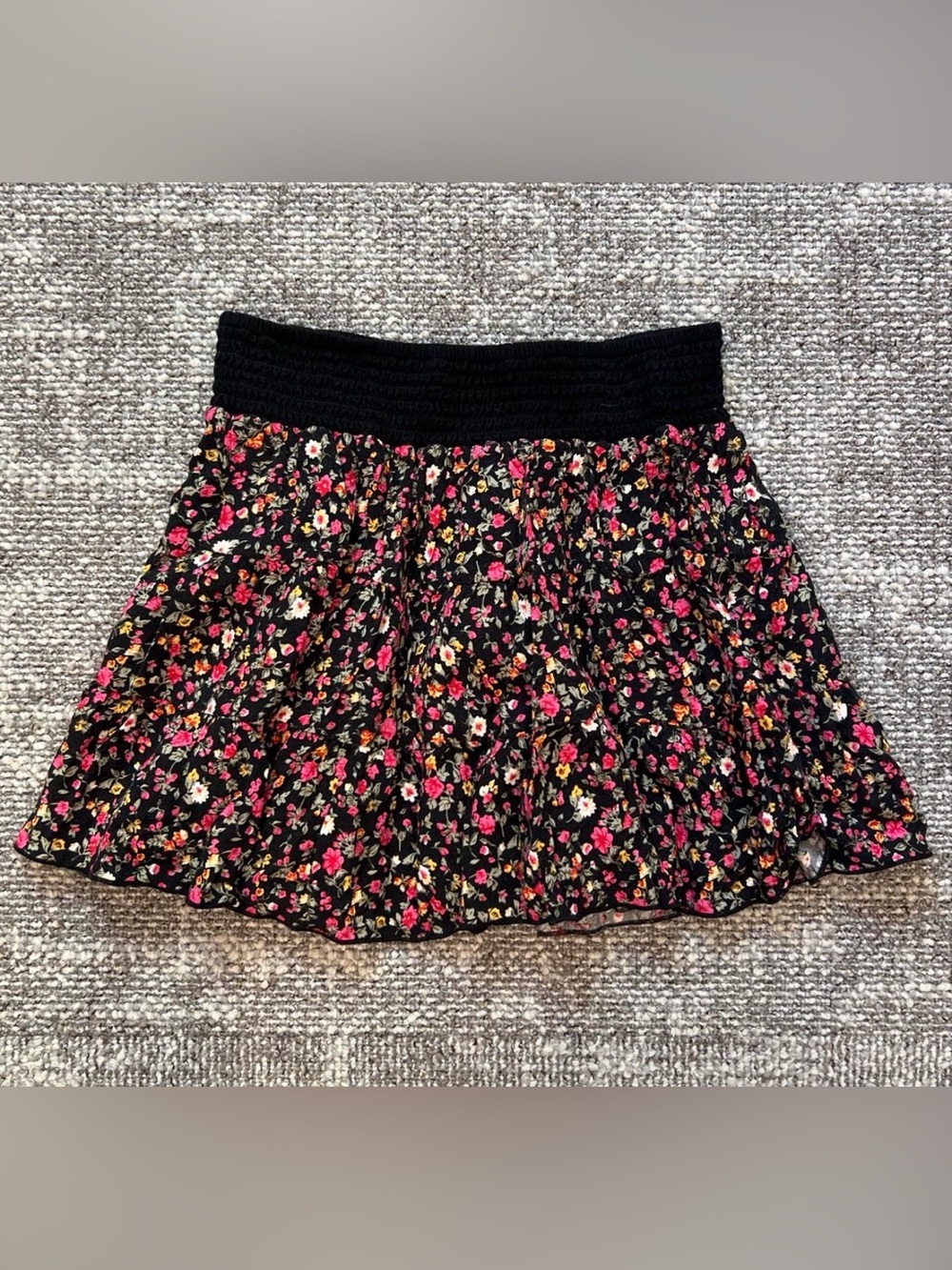 Joe Benbasset Y2K Black Floral Skater Skirt with Pink and Yellow Blossoms